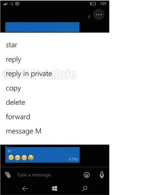 Screenshot fitur baru reply in private di WhatsApp beta Windows Phone yang dicabut hanya sehari setelah kedatangannya.