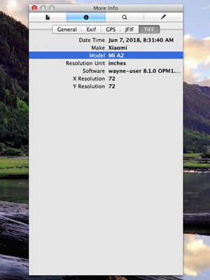 File EXIF foto bocoran menampilkan nama Mi A2 sebagai perangkat pengambil gambar.