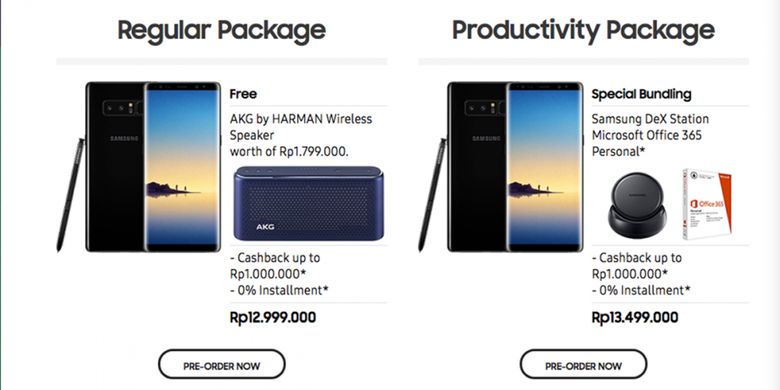 Dua paket Galaxy Note 8 yang ditawarkan Samsung Indonesia dalam masa pre-order.
