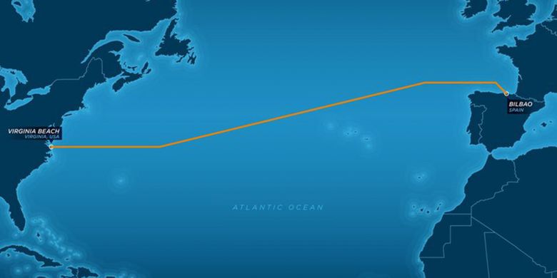 Rute kabel internet bawah laut Marea dari Virginia Beach di Amerika Serikat ke Bilbao di Spanyol. 