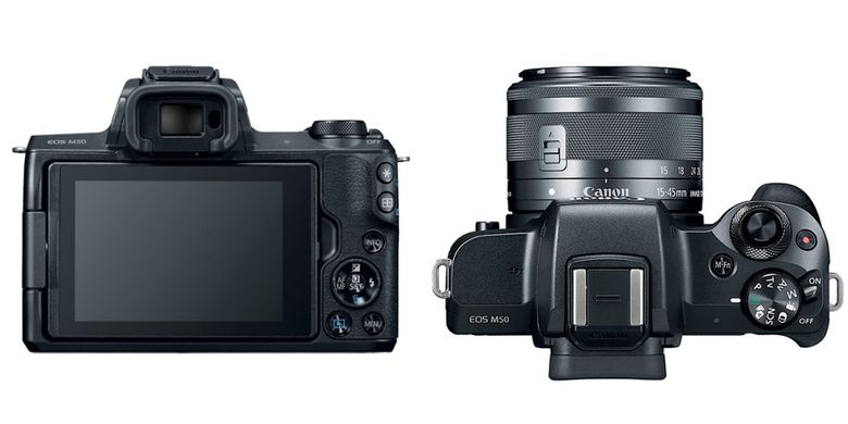 Tampak belakang dan atas dari Canon EOS M50 warna hitam.