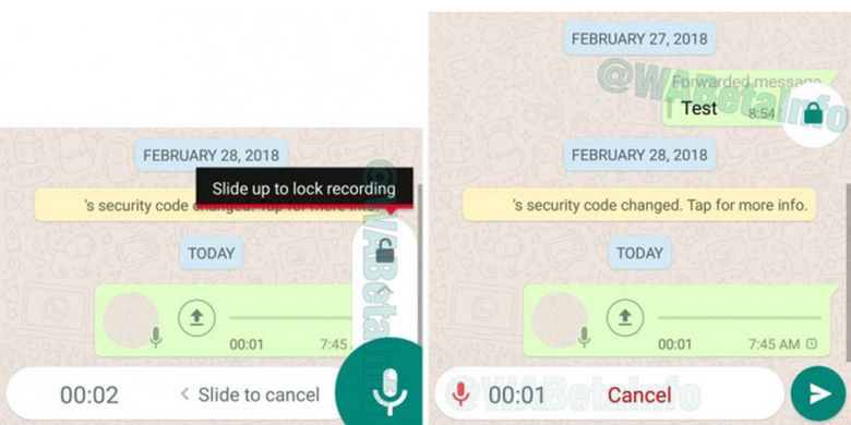 Screenshot fitur baru WhatsApp beta, perekaman voice note secara hands free dengan lock recording. 