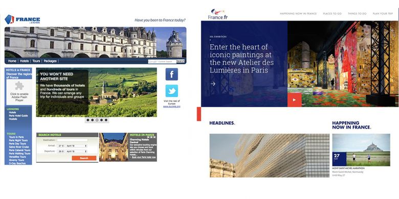 Tampilan situs France.com selagi masih berada dalam kepemilikian Jean-Noel Frydman (kiri) tahun 2012, serta ketika sudah diambil alih pemerintah Perancis.