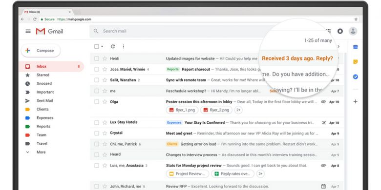 Teks nudges dalam Gmail tampilan baru untuk mengingatkan pengguna untuk membalas e-mail lama. 