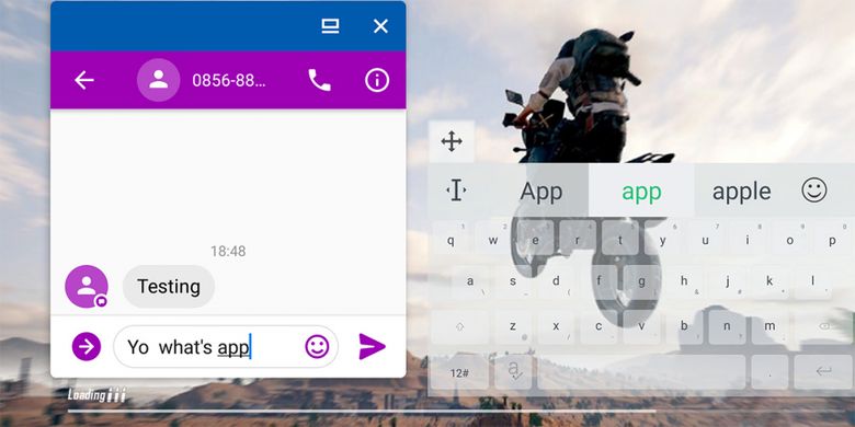 Tampilan jendela dan keyboard floating saat Oppo F7 menjalankan Full Screen Multitasking. Aplikasi game tetap berjalan di balik window apliaksi floating. 