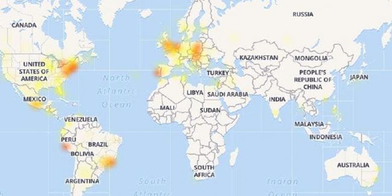 Peta Down Detector memperlihatkan tumbangnya empat layanan populer milik Facebook pada 4 September 2018 sebagian besar berdampak pada para pengguna di Amerika Serikat dan Eropa. 