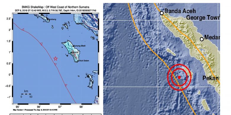Gempa bumi di Nias Barat terjadi pukul 07:13:49 WIB dengan magnitudo 5,3 dan berlokasi di koordinat 0,71 LU, 96,78 BT, 84 Km Barat Daya Kabupaten Nias Barat dengan kedalaman 14 Km, Kamis (6/9/2018). 