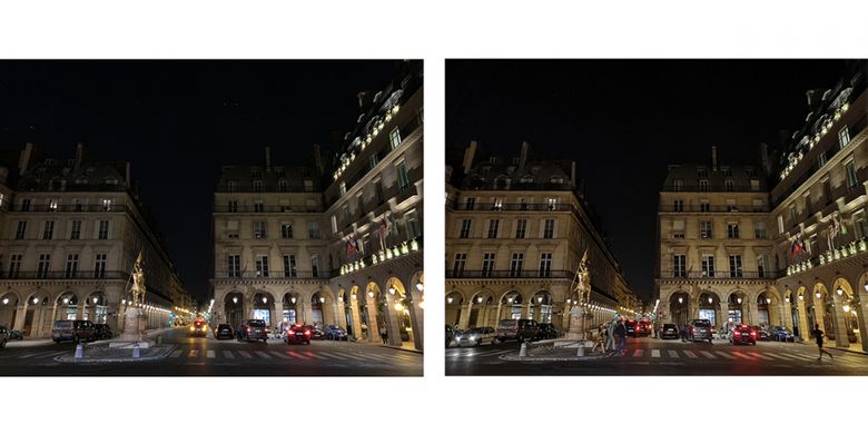 Di kondisi low-light malam hari, jepretan iPhone XS Max (foto kiri) mengalami desaturasi sehingga warna-warnanya tidak secerah hasil foto Huawei P20 Pro (foto kanan)