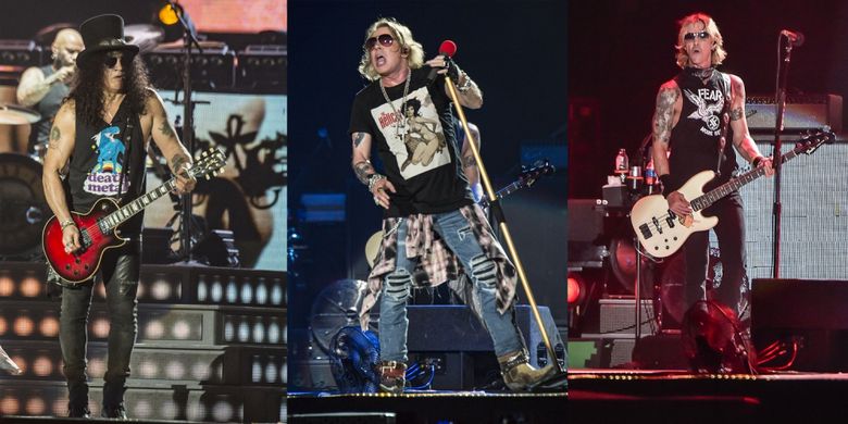 Foto combo, personel Guns N Roses Axl Rose (tengah), Slash (kiri) dan Duff McKagan (kanan) beraksi para konsernya yang bertajuk Not In This Lifetime  di Gelora Bung Karno, Jakarta, Kamis (8/11/2018). Pada konser tersebut Guns N Roses membawakan sejumlah lagu andalannya salah satunya Welcome to The Jungle. 