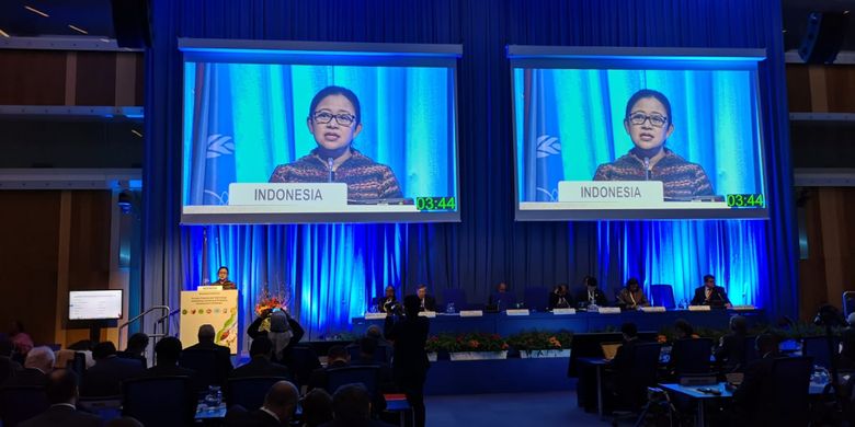  Menteri Koordinator Pembangunan Manusia dan Kebudayaan (PMK) Puan Maharani memberikan pidato di acara Konferensi Tingkat Menteri tentang Ilmu dan Teknologi Nuklir yang diselenggarakan IAEA di Wina, Austria, Rabu (28/11/2018)