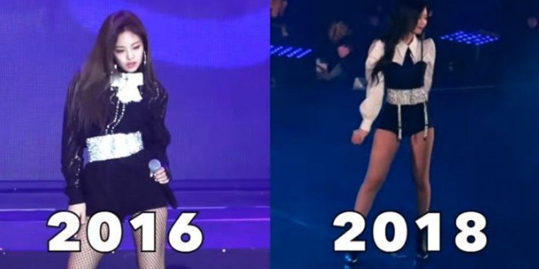 Hasil bidik layar dari video yang membandingkan perilaku panggung Jennie BLACKPINK pada 2016 dengan 2018.