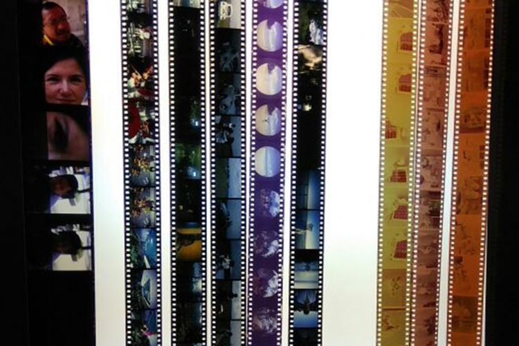 Contoh film berbeda ukuran dan tipe dalam keadaan sudah dicuci (develop). Lembaran dengan frame berukuran paling besar di ujung kiri merupakan film medium format positif. Lembaran-lembaran dengan frame kecil berwarna di tengah adalah film 35mm positif, sementara tiga lembar film di ujung kanan yang berwarna kuning dan cokelat adalah film 35mm negatif.