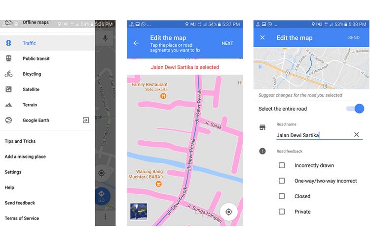Fitur editing/ pelaporan kesalahan informasi tentang jalanan di peta Google Maps. Selain jalanan, informasi tempat juga bisa diusulkan untuk diubah. 