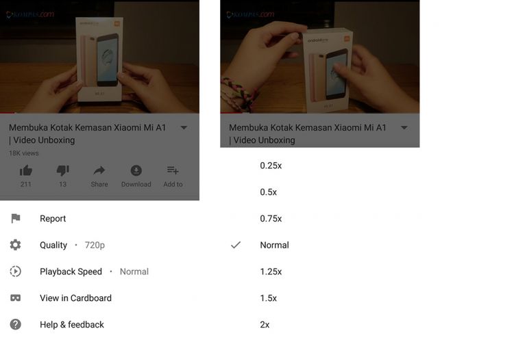 Opsi pengaturan playback speed video YouTube lewat aplikasi mobile.