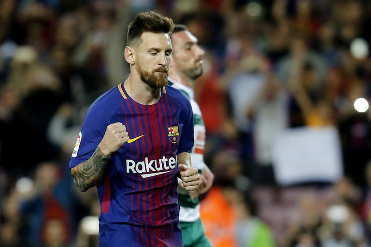 Penyerang Barcelona, Lionel Messi, melakukan selebrasi setelah mencetak gol ke gawang Eibar dalam pertandingan La Liga di Camp Nou, Barcelona, Selasa (19/9/2017).