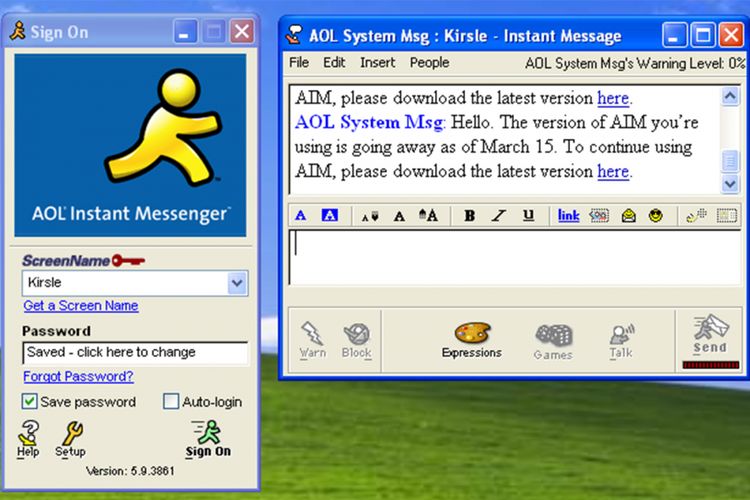 Tampilan antarmuka aplikasi chatting AOL Instant Messaging di Windows.