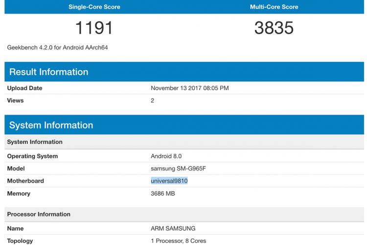 Bocoran screenshot Geekbench yang memperlihatkan spesifikasi Galaxy S9 Plus.