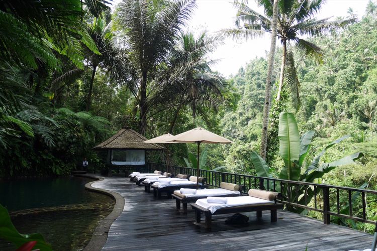 Kolam renang di tebing dan juga di tengah hutan, salah satu fasilitas di Como Shambhala Estate Bali, Sabtu (16/12/2017).