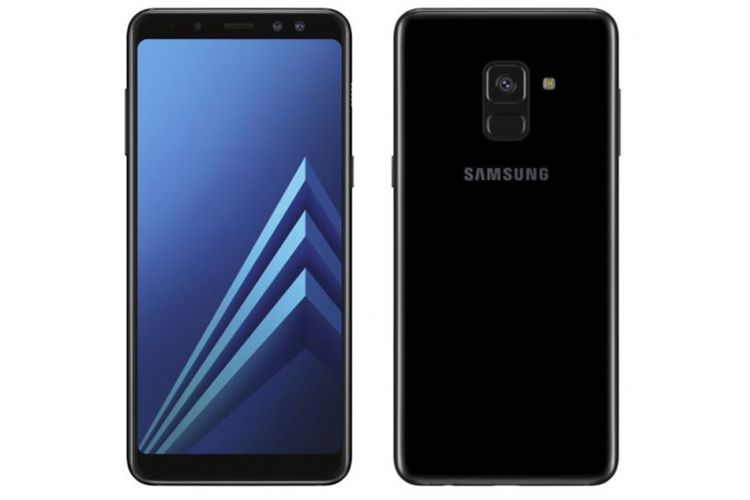Tampang depan dan belakang Galaxy A8 (2018) dengan desain bezel less dan kamera selfie ganda. 