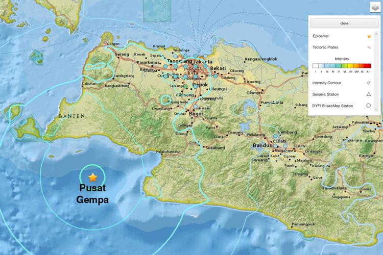 Peta pusat gempa dan dampaknya terhadap wilayah sekitar yang terjadi Selasa (23/1/2018) siang.