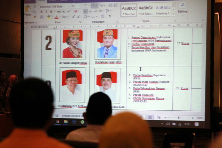 Foto pasangan calon yang ditampilkan di layar saat rapat pleno terbuka penetapan nomor urut peserta Pilkada Kalbar di Hotel Aston, Pontianak (13/2/2018)