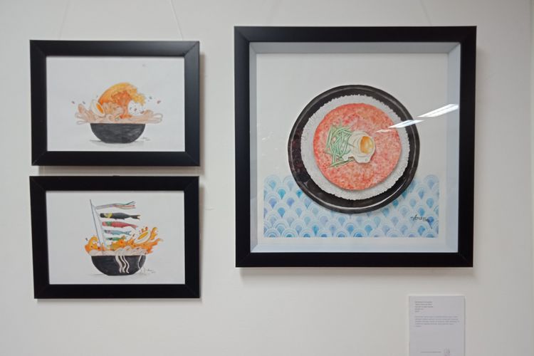Beberapa karya pada Pemeran Ilustrasi Makanan Jepang bertajuk Ceritamakan dalam rangkaian Japanese Cultural Week 2018 di Japan Foundation, Jakarta, Senin (19/2/2018).