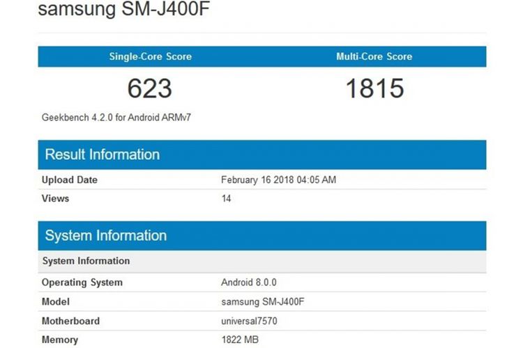 Screenshot benchmark Geekbench yang menampikan spesifikasi Samsung Galaxy J4.