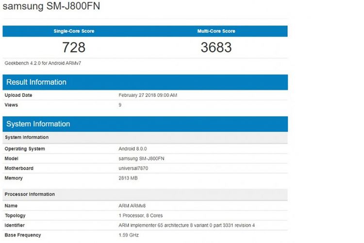 Bocoran screenshot Geekbench yang diduga memperlihatkan spesifikasi Galaxy J8.