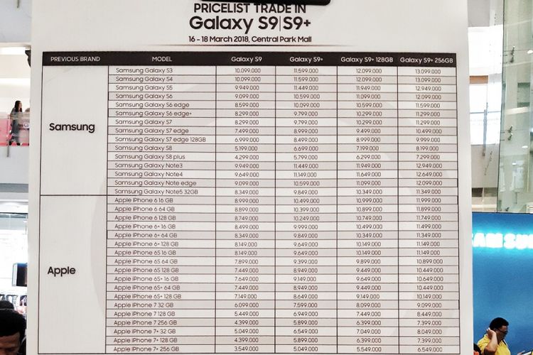 Penjualan perdana Galaxy S9 dan Galaxy S9 Plus juga menawarkan tukar tambah dengan produk iPhone di Central Park Mall Jakarta,  Jumat (16/3/2018).