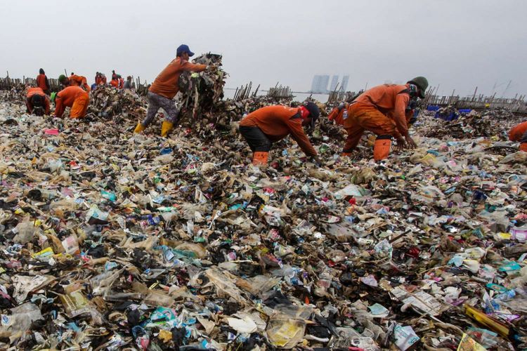 Petugas Suku Dinas Lingkungan Hidup membersihkan sampah plastik yang menumpuk di Kawasan Hutan Bakau Muara Angke, Jakarta, Sabtu (17/3/2018). Sampah yang memenuhi perairan seluas 7.500 meter persegi tersebut terkumpul akibat gulungan ombak yang membawa sampah ke bibir pantai.