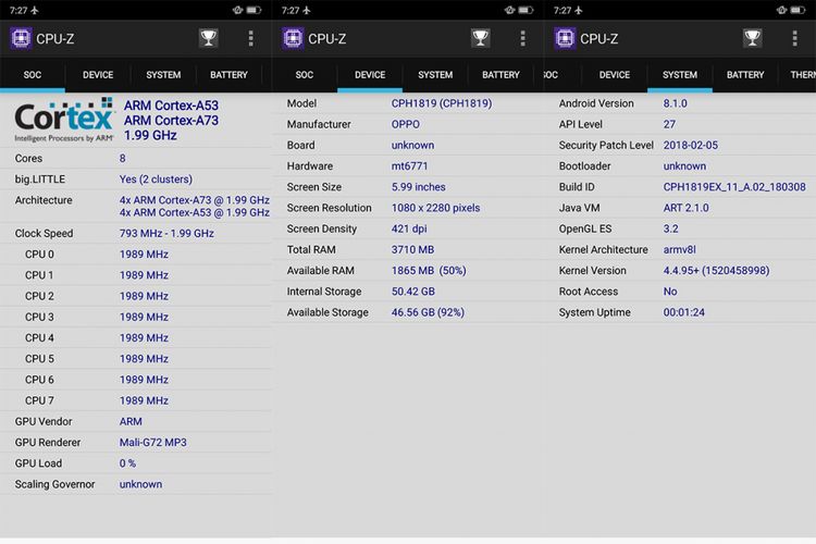 Deretan spesifikasi Oppo F7, dilihat melalui aplikasi CPU-Z.