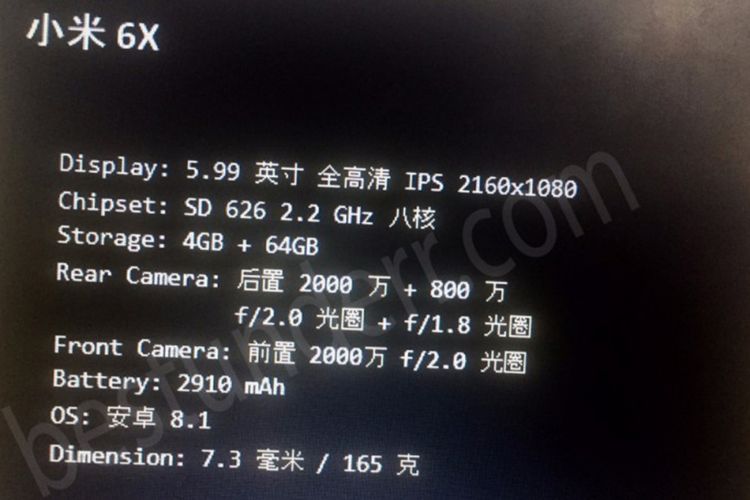 Bocoran spesifikasi Mi 6X alias Mi A2.