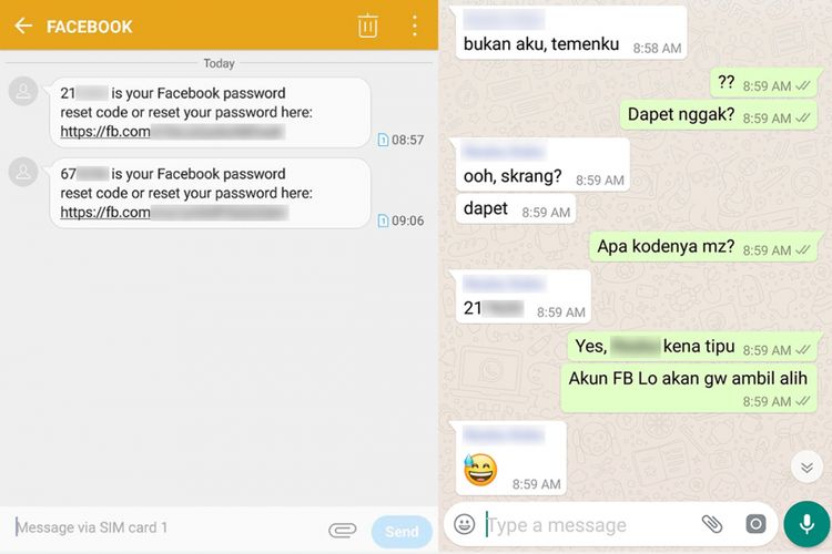 Contoh kode reset password Facebook yang dikirim lewat SMS ke nomor ponsel pemilik akun (gambar kiri). Untuk mendapatkan kode ini, orang lain bisa menggunakan teknik social engineering dengan menghubungi pemilik akun. Untuk mencegah kejadian yang tak diinginkan, jangan pernah membagikan kode reset ini ke siapapun.