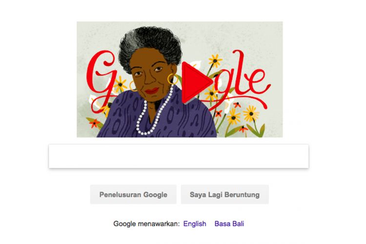 Doodle untuk memperingati ulang tahun ke-90 dari Dr. Maya Angelou di laman beranda Google. 