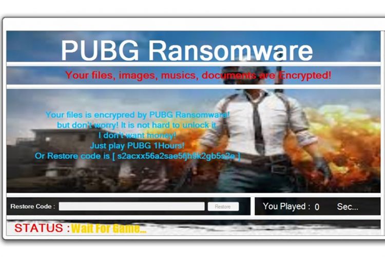 Layar yang ditampilkan PUBG Ransomware usai mengunci semua file dan folder di komputer korban.