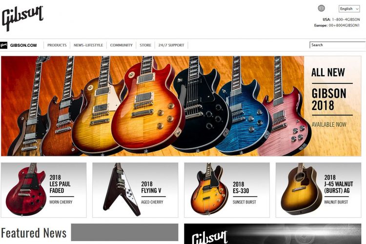 Tampilan situs web produsen gitar Gibson, di-capture pada Rabu (2/5/2018).