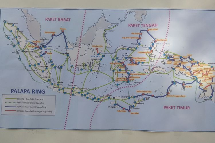Peta pembagian proyek Palapa Ring Barat, Tengah, dan Timur.
