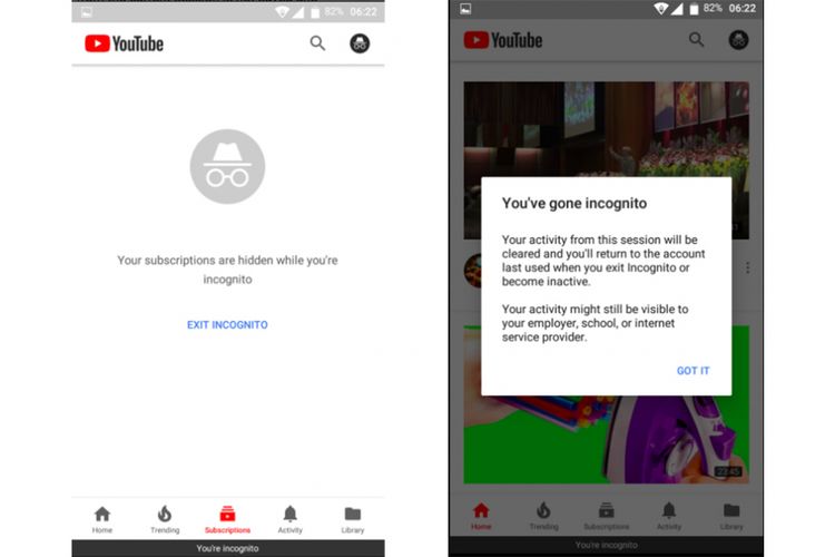 Tampilan mode Incognito di YouTube, sebagaimana ditemukan oleh Android Police. Baru sebagian pengguna yang mendapatkan fitur ini, kemungkinan karena masih dalam ujicoba.  