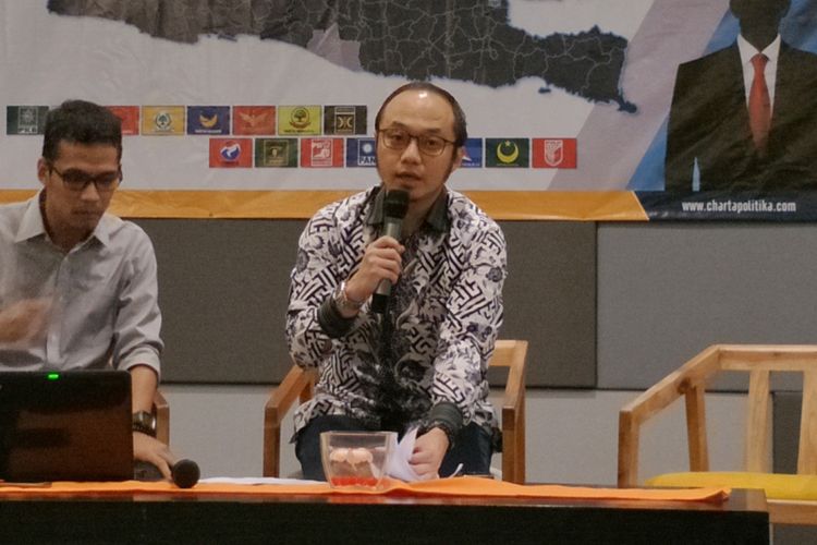 Direktur Eksekutif Charta Politika Yunarto Wijaya saat memaparkan hasil survei Pilpres dan Pileg 2019, di kawasan Senayan, Jakarta, Rabu (6/6/2018).