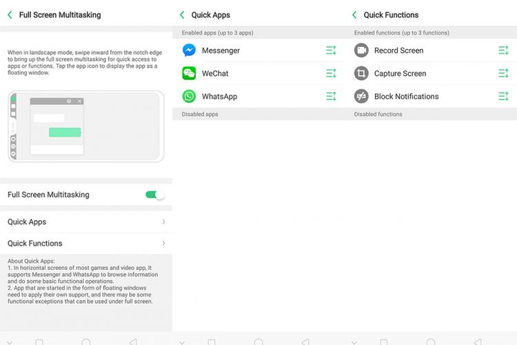 Menu Full Screen Multitasking di Oppo F7, berikut pilihan Quick Apps dan Quick Functions yang bisa ditampilkan di sisi notch. 