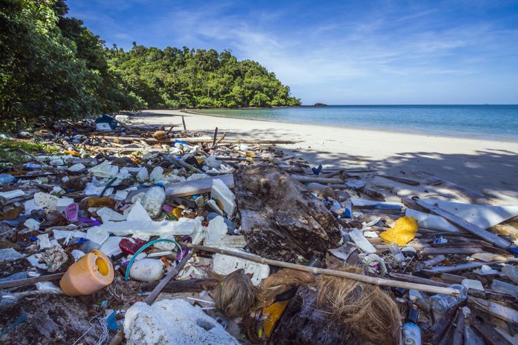 Ilustrasi sampah plastik di pantai