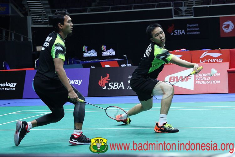 Mohammad Ahsan-Hendra Setiawan memenangi laga semifinal Singapore Open 2018, Sabtu (21/7/2018). 