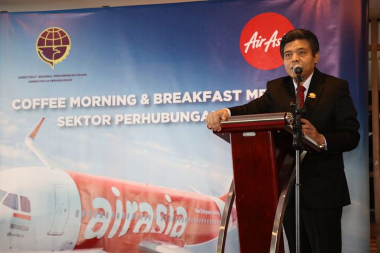 Direktur Jenderal Perhubungan Udara Kementerian Perhubungan Agus Santoso saat coffee morning&breakfast meeting di Tangerang, Selasa (24/7/2018)