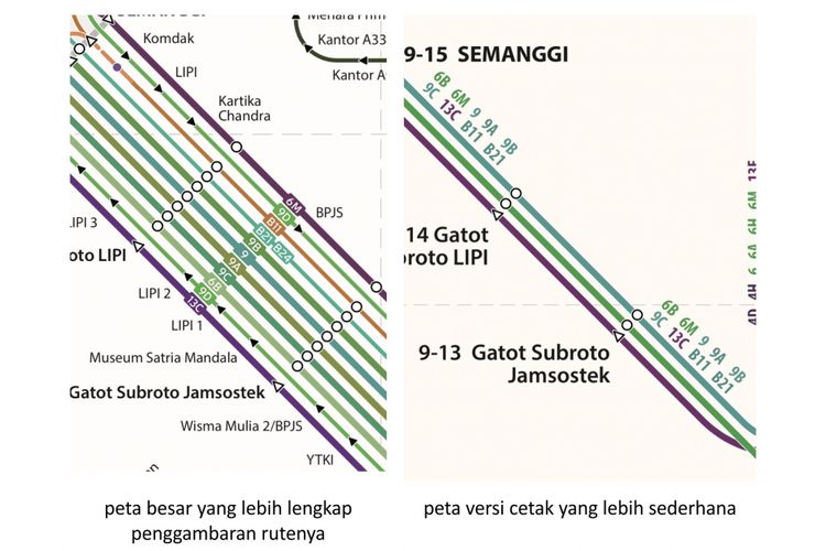 Perbedaan peta terintegrasi. Untuk peta versi cetak, ada penyederhanaan garis.