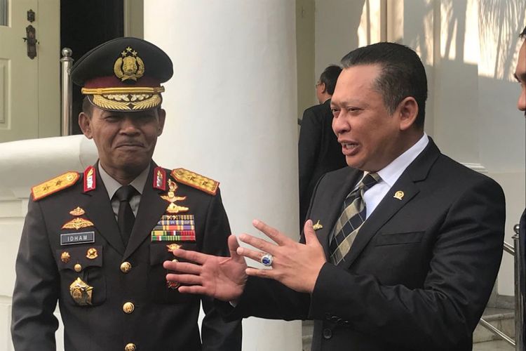Kapolda Metro Jaya Irjen (Pol) Idham Azis dan Ketua DPR RI Bambang Soesatyo di Istana Presiden, Jakarta, Rabu (15/8/2018).