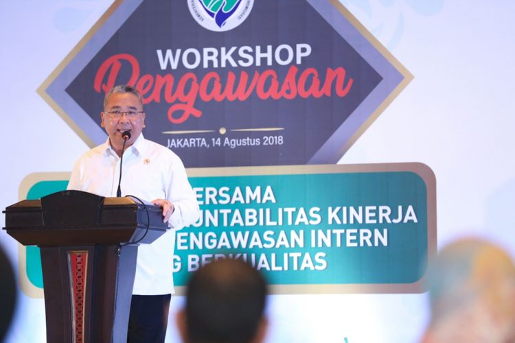 Mendes PDTT Eko Putro Sandjojo membuka Workshop Pengawasan dengan tema bersama mengawal akuntabilitas kinerja melalui Pengawasan Internal yang berkualitas di Kantor Kemendes PDTT, Jakarta, Selasa (14/8/2018)