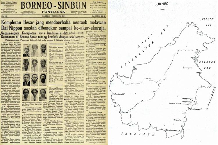 Kiri: Koran Borneo Sinbun tertanggal 1 Sitigatu 2604 (1 Juli 1944) menyebutkan bahwa pada 28 Juni 1944, Raja (Panembahan dan Sultan) serta kaum intelektual telah dieksekusi oleh Jepang. Kanan: Peta persebaran dokter alumni Stovia di Borneo (Kalimantan) pada 1926. Tampak di Kalimantan terdapat satu dokter di Ketapang dan satu dokter di Pontianak.