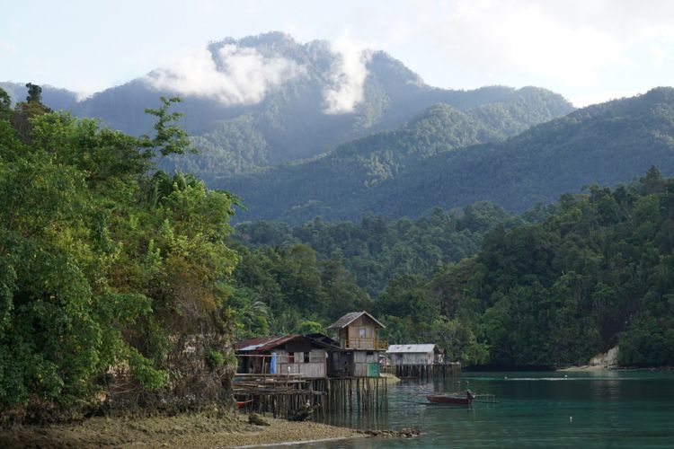 Teluk Sarawondori di Kepulauan Yapen, Papua, Minggu (19/8/2018), dikelilingi perbukitan berwarna hijau.