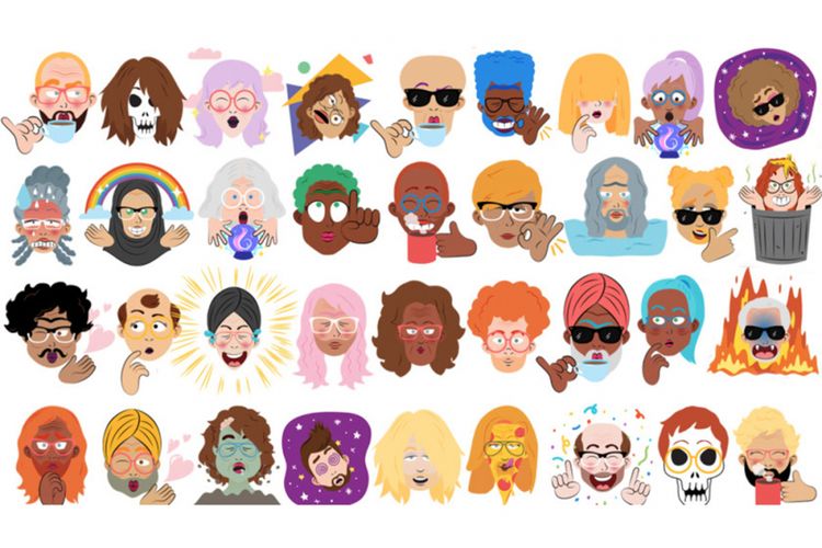 Ilustrasi rangkaian Mini sticker pack di Gboard, berisi avatar mirip Bitmoji yang diambil dari selfie pengguna.