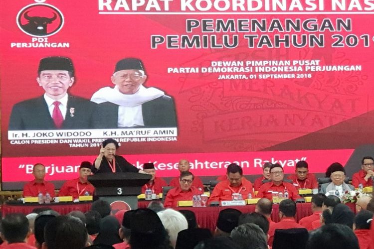 Ketua Umum PDI-P Megawati Soekarnoputri saat membuka rakornas PDI-P di Jakarta, Sabtu (1/9/2018).